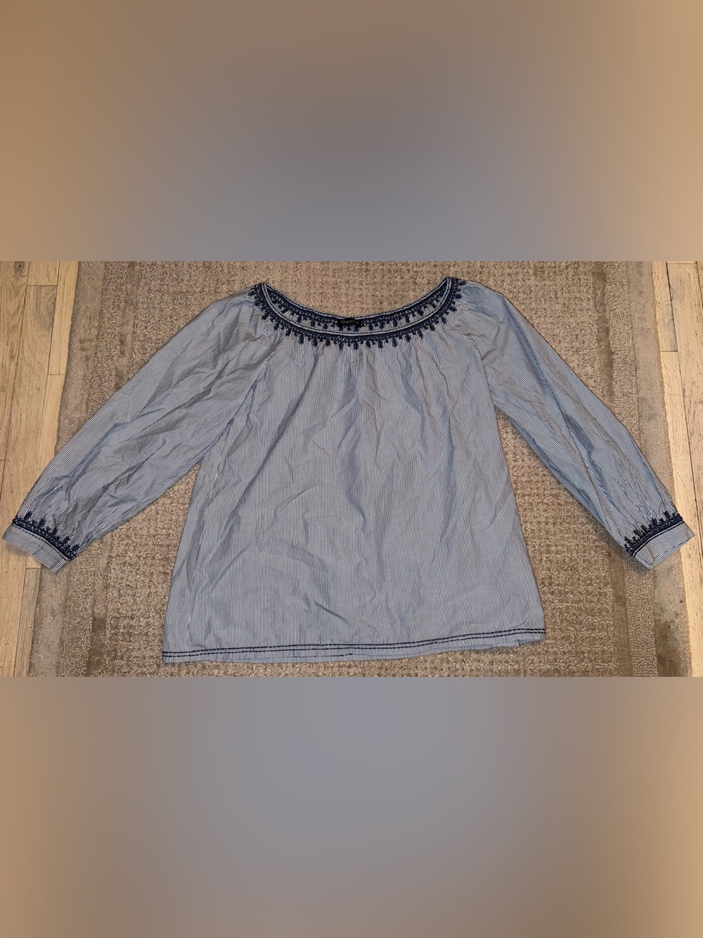 Fragonard Blue White Striped Embroidered Peasant Blouse Top cotton medium m